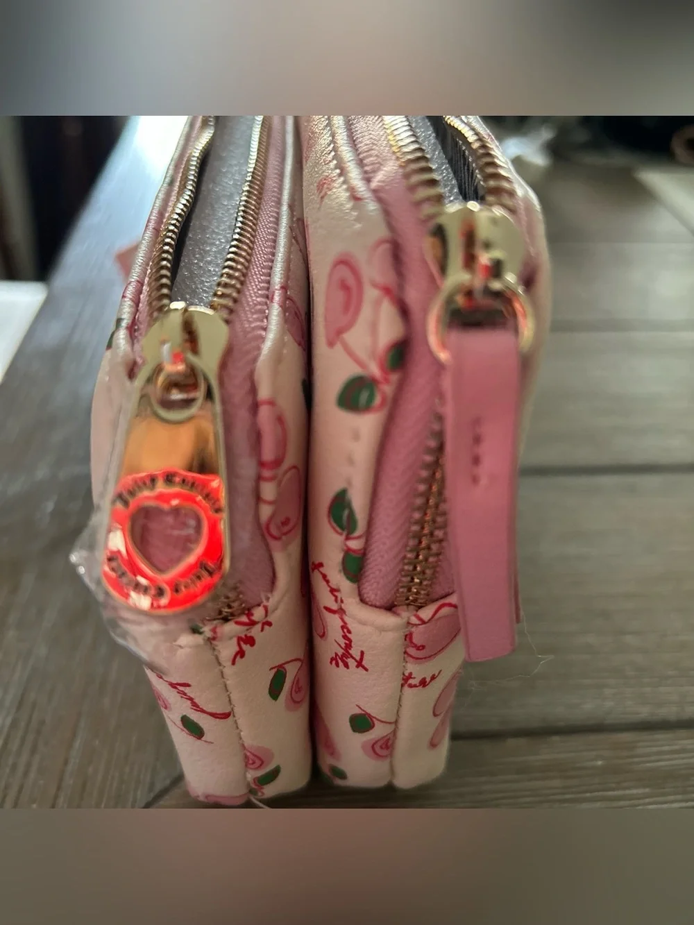 NWT Juicy couture Pink Cherry Print Double Zip Wristlet wallet